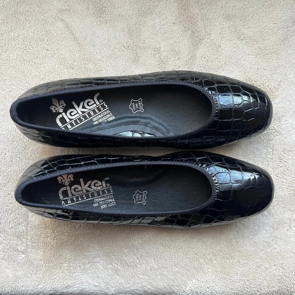 Rieker Antistress Women 7-7.5 EU 38 Black Croc Patent Leather Block Heel Pumps‎